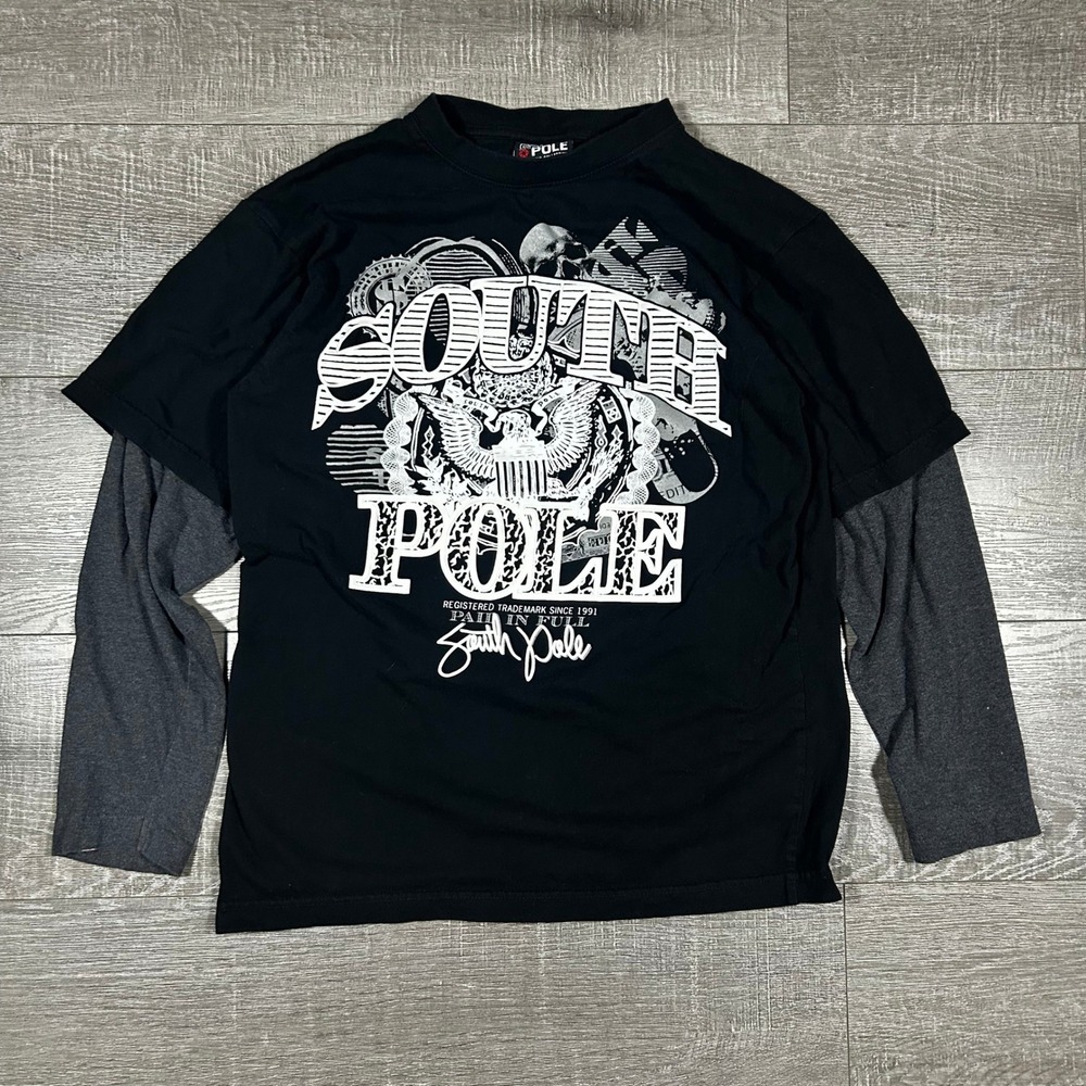 Southpole Boys Medium Layered Graphic T-Shirt Black Long Sleeve Eagle Skull